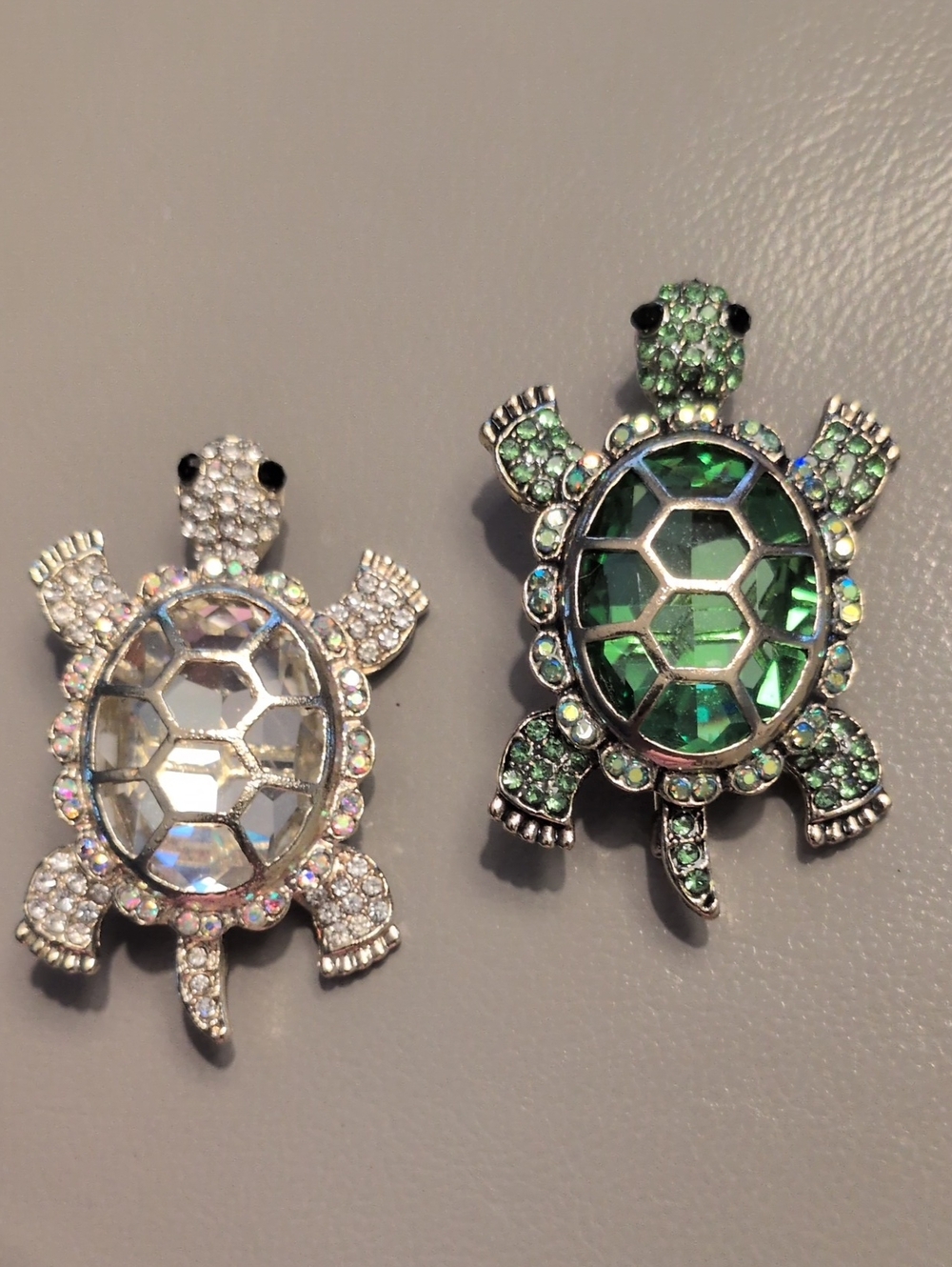 Crystal and Green Turtle Brooch Set
